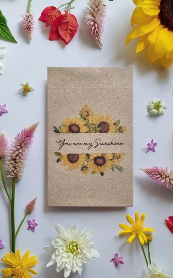 Seed Packet filled with sunflower seeds. "You are my sunshine" written between sunflowers.