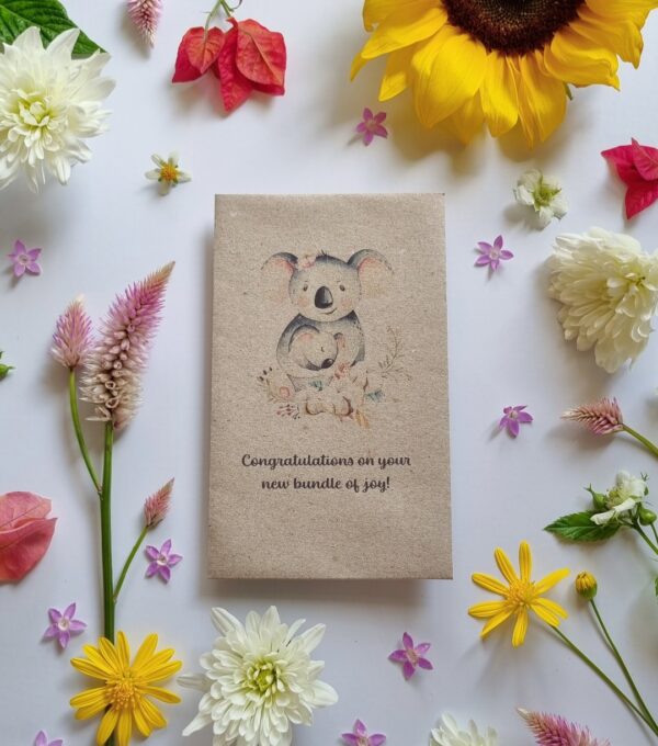 Koala holding baby watercolour with the text "Congratulations on your new bundle of joy!"