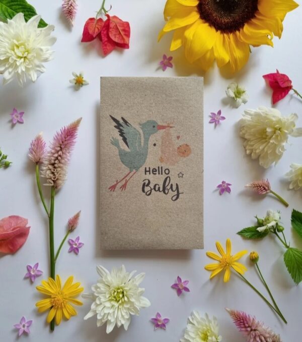 Stork Holding Baby, Hello Baby in writing, filled with bee friendly flower seeds